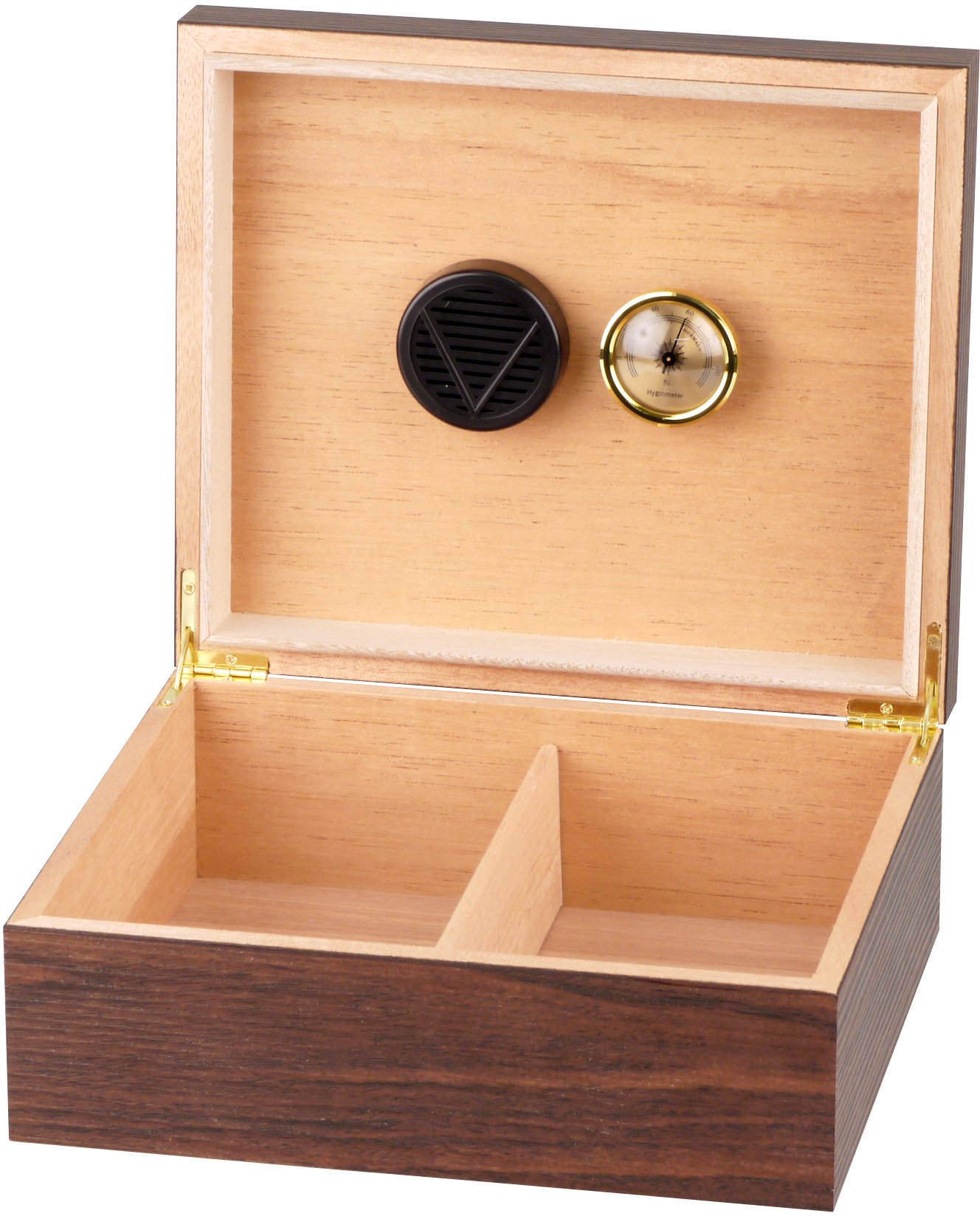 Classic Humidor Walnuss (561273) mit Acrylpolymerbefeuchter & Adorini Haarhygrometer offen